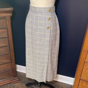 Vintage Talbots Black Ivory Gold Houndstooth Faux Wrap Midi Skirt Size 8